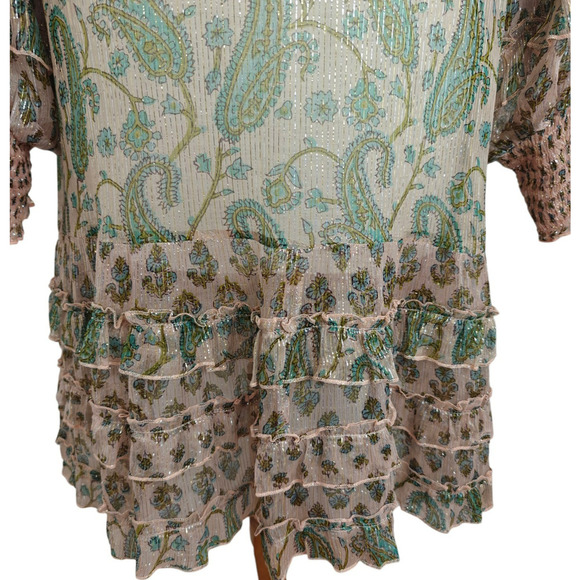 Miss June Paris Tiered Ruffle Metallic Shirt Dress One Size Sheer Button Up Boho - Picture 9 of 12